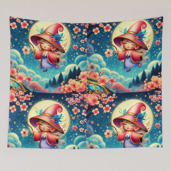Item preview, Sakura spell - cute fairy girl creating magic spell to bloom Sakura cherry trees in Spring digital illustration designed and sold by EvaAngel.