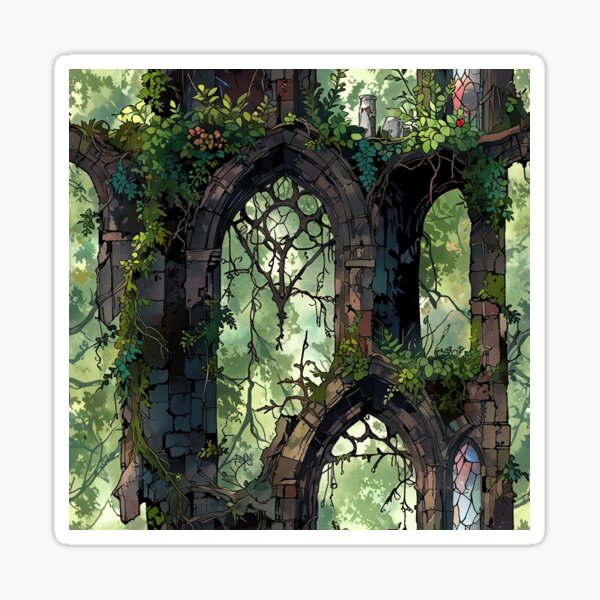 Item preview, Overgrown ruins with broken stained glass, wild vines designed and sold by CoolPixels.