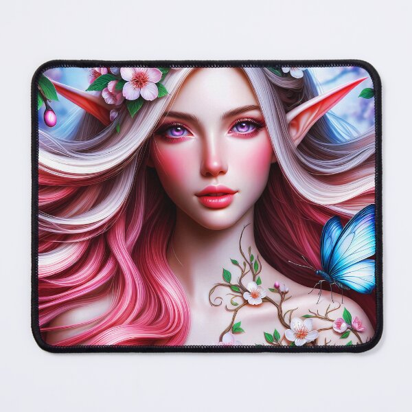 Item preview, Sakura Fae - beautiful ethereal fairy girl with a blue butterfly on shoulder under Sakura cherry trees in Spring digital illustration designed and sold by EvaAngel.