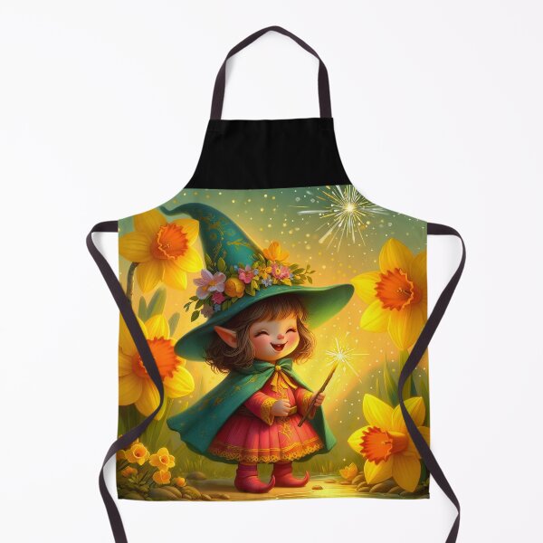 Item preview, Daffodil spell - cute fairy girl creating magic spell to bloom yellow daffodil flowers in Spring digital illustration designed and sold by EvaAngel.