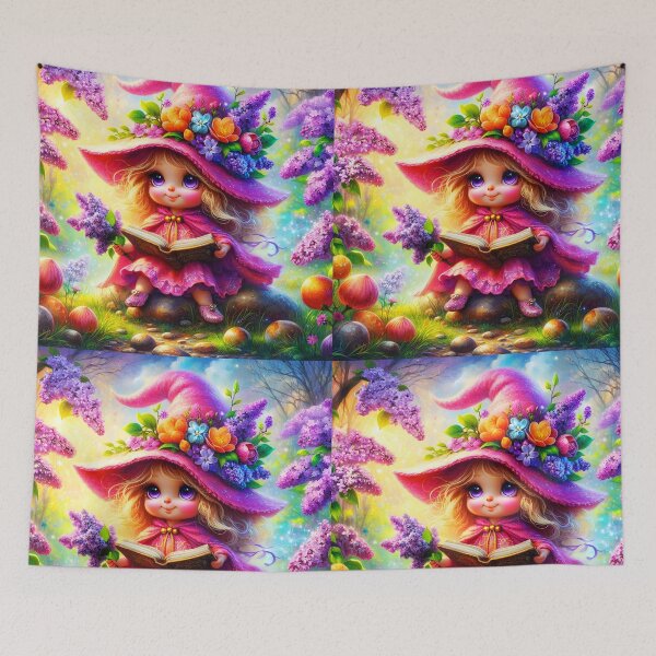 Item preview, Lilacs spell - cute fairy girl creating magic spell to bloom purple Lilacs flowers in May Spring digital illustration designed and sold by EvaAngel.