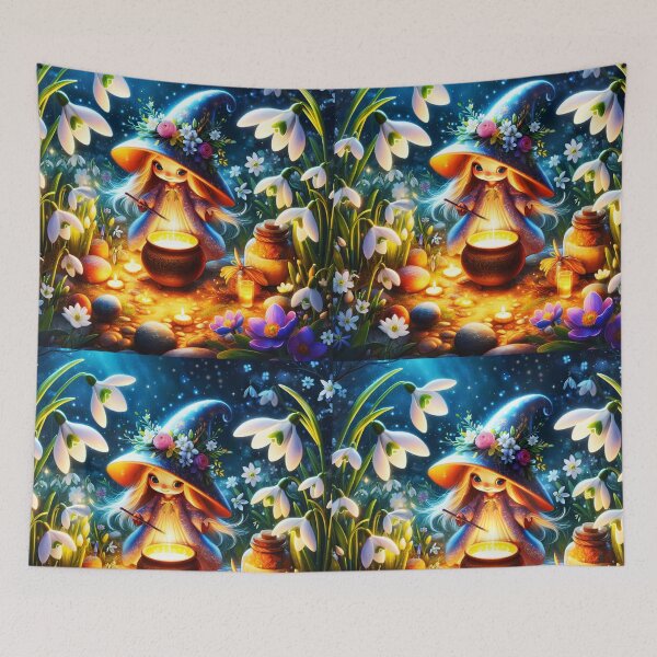 Item preview, Snowdrops spell - cute fairy girl creating magic spell to bloom Snowdrops flowers in Spring digital illustration designed and sold by EvaAngel.
