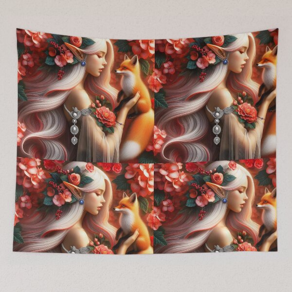 Item preview, Fox Fae - beautiful ethereal silver blond fairy girl with cute fox among begonias digital illustration designed and sold by EvaAngel.