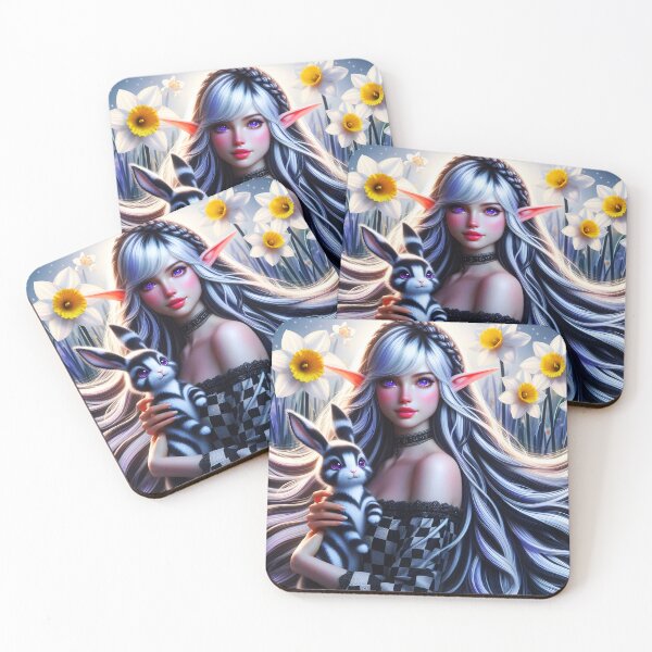 Item preview, Easter Fae - beautiful ethereal black and white fairy girl with cute bunny in Spring with daffodils digital illustration designed and sold by EvaAngel.
