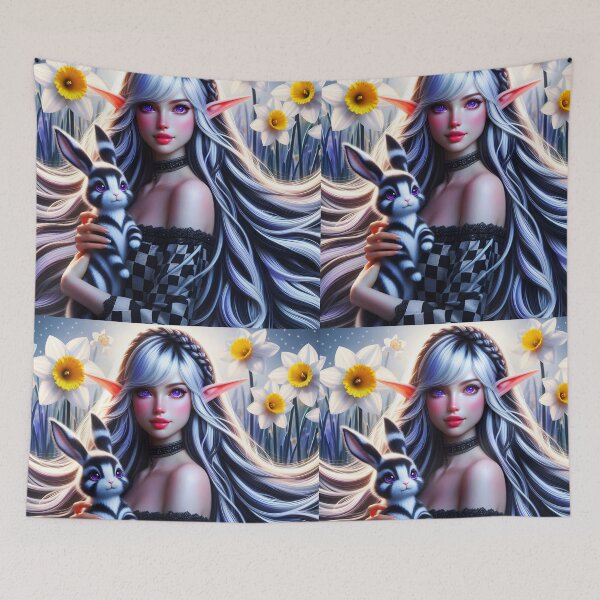 Item preview, Easter Fae - beautiful ethereal black and white fairy girl with cute bunny in Spring with daffodils digital illustration designed and sold by EvaAngel.
