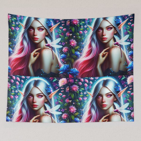 Item preview, Dragonfly Fae - beautiful ethereal fairy girl with a Dragonfly on shoulder under Pink florals digital illustration designed and sold by EvaAngel.