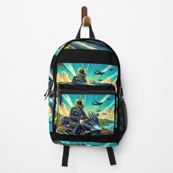 Item preview, Biker Touring on a Sunny Tropical Day – AI Artwork for Motorcycle Adventure and Vacation Lovers’ Apparel & Accessories designed and sold by knalpot-design.