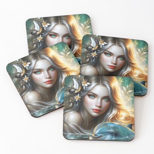 Item preview, Water Fae Siren Nymph Mermaid with butterfly in blond hair - beautiful ethereal fairy girl with a Doplhin  digital illustration designed and sold by EvaAngel.