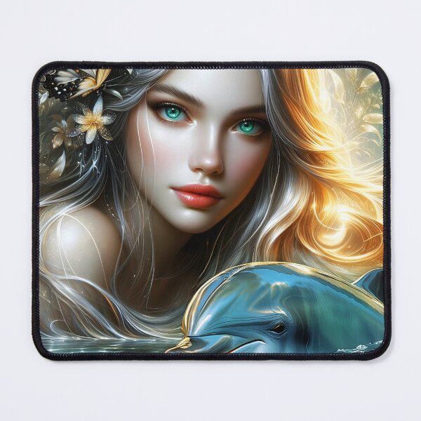 Item preview, Water Fae Siren Nymph Mermaid with butterfly in blond hair - beautiful ethereal fairy girl with a Doplhin  digital illustration designed and sold by EvaAngel.