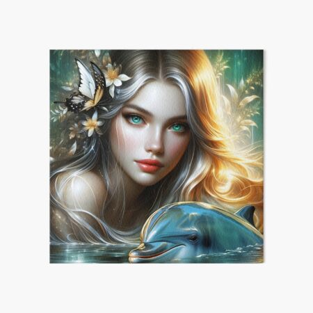 Item preview, Water Fae Siren Nymph Mermaid with butterfly in blond hair - beautiful ethereal fairy girl with a Doplhin  digital illustration designed and sold by EvaAngel.