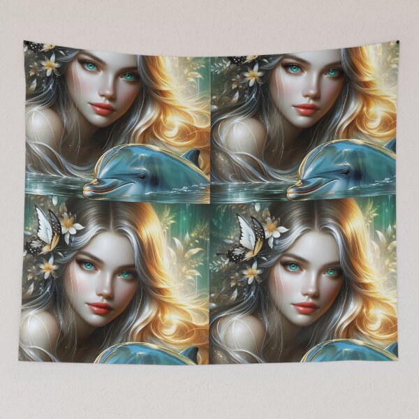 Item preview, Water Fae Siren Nymph Mermaid with butterfly in blond hair - beautiful ethereal fairy girl with a Doplhin  digital illustration designed and sold by EvaAngel.
