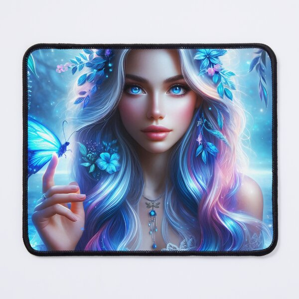 Item preview, Blue Nymph Fae - beautiful ethereal Nymph mermaid girl with a blue butterfly on hand in a lake digital illustration designed and sold by EvaAngel.