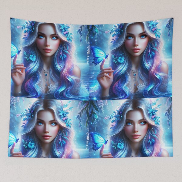Item preview, Blue Nymph Fae - beautiful ethereal Nymph mermaid girl with a blue butterfly on hand in a lake digital illustration designed and sold by EvaAngel.