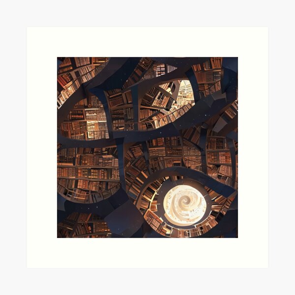 Vista previa del artículo con la obra «Biblioteca espiral surrealista con estantes iluminados y cámaras infinitas», diseñado y vendido por CoolPixels.
