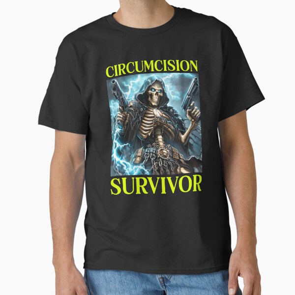 Vista previa del artículo con la obra «Sobreviviente de la circuncisión», diseñado y vendido por RockFireMerch.