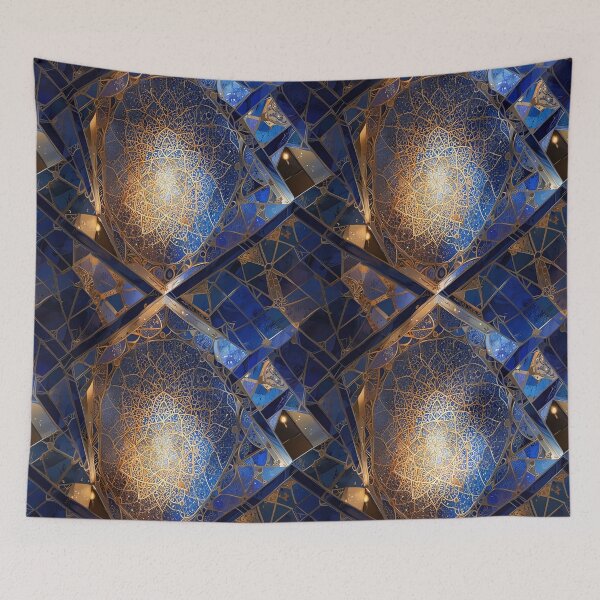 Item preview, Intricate Golden Patterns on Blue Geometric Panels designed and sold by CoolPixels.