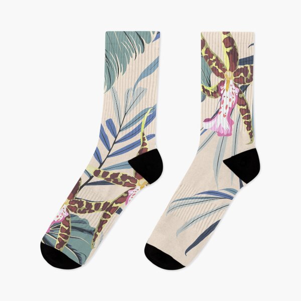 Item preview, Watercolor style Cambria orchid flowers and many kind of exotic blue palm leaves seamless pattern. designed and sold by MatyKotiv.