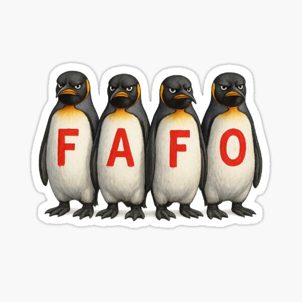 Vista previa del artículo con la obra «Pingüinos de FAFO protestan contra los aranceles», diseñado y vendido por The Junto Shop.