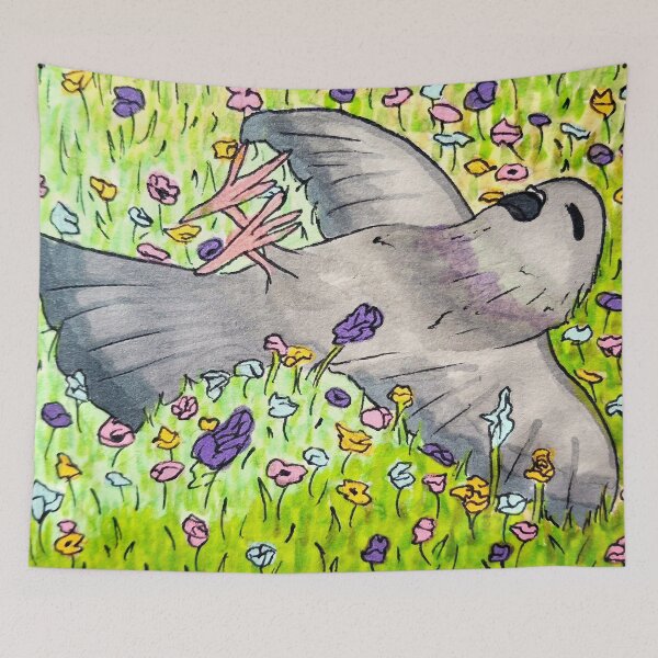 Item preview, cute pigeon in flower field  designed and sold by PretyChepPigins.