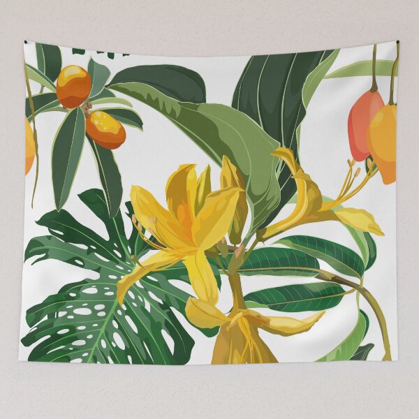 Item preview, Seamless pattern with yellow Oleander flower, mango fruit, palm leaves.  designed and sold by MatyKotiv.