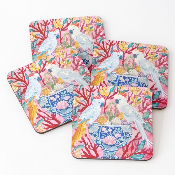 Item preview, Preppy chinoiserie cockatoo parrots and corals designed and sold by SophieClimaArt.