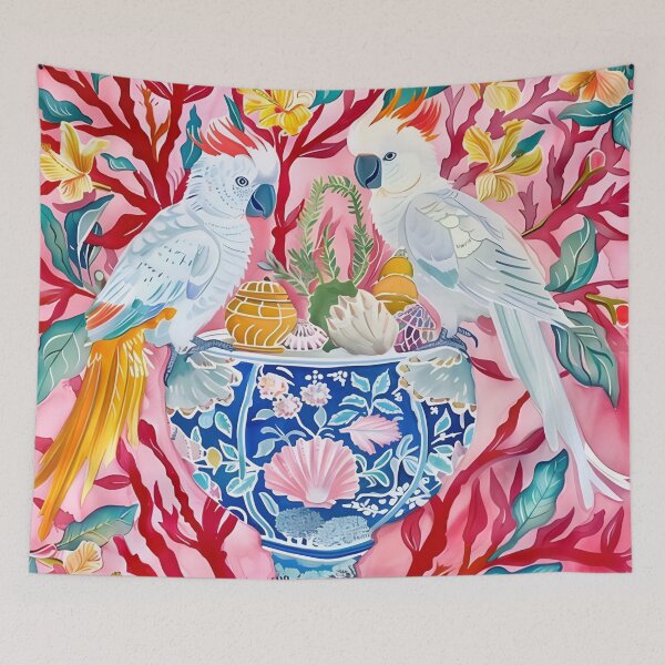Item preview, Preppy chinoiserie cockatoo parrots and corals designed and sold by SophieClimaArt.
