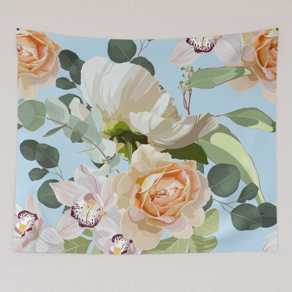 Item preview, Seamless floral pattern, white peony, roses flowers on a blue background.  designed and sold by MatyKotiv.