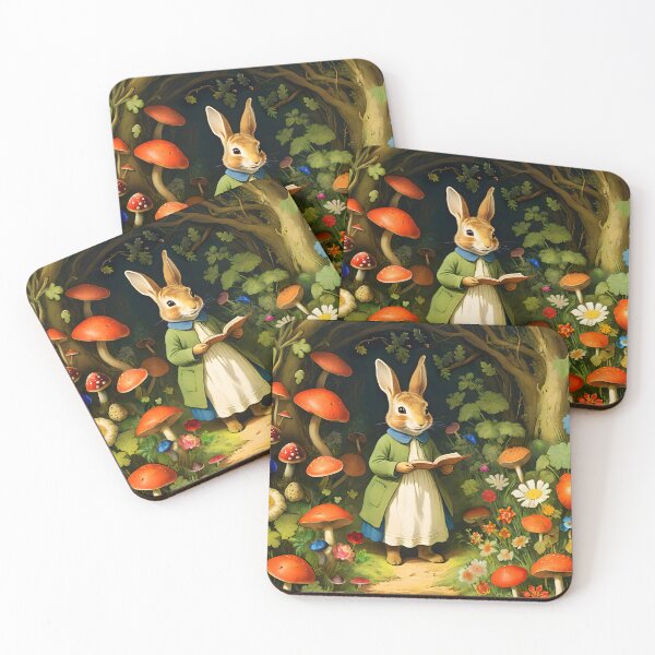 Item preview, Vintage Bunny Lady Easter Hare in the woods among Funghis illustration designed and sold by EmeraldeaArt.