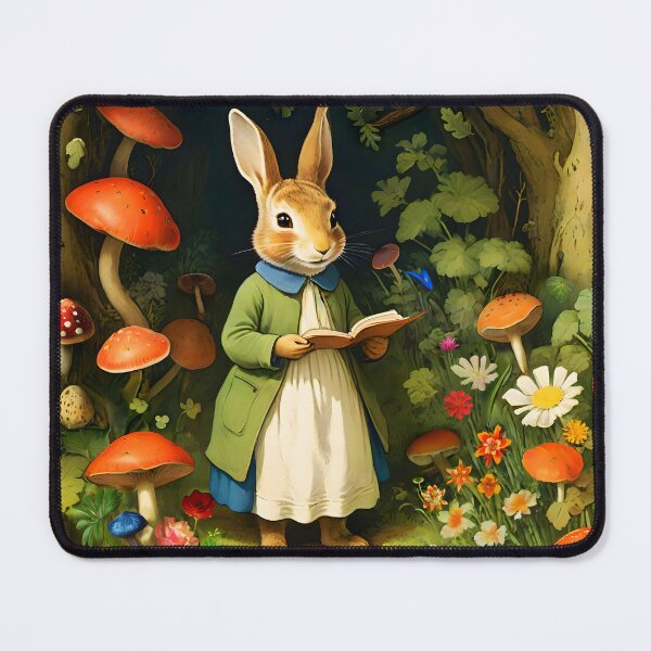 Item preview, Vintage Bunny Lady Easter Hare in the woods among Funghis illustration designed and sold by EmeraldeaArt.