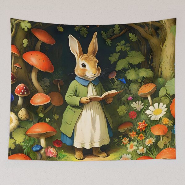 Item preview, Vintage Bunny Lady Easter Hare in the woods among Funghis illustration designed and sold by EmeraldeaArt.