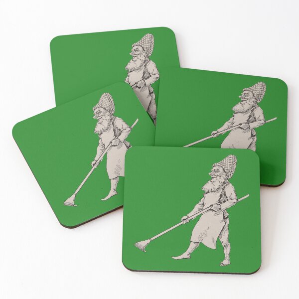 Item preview, Art by Mike Linocut Dwarf, garden gnome raking leaves designed and sold by allartbymike.