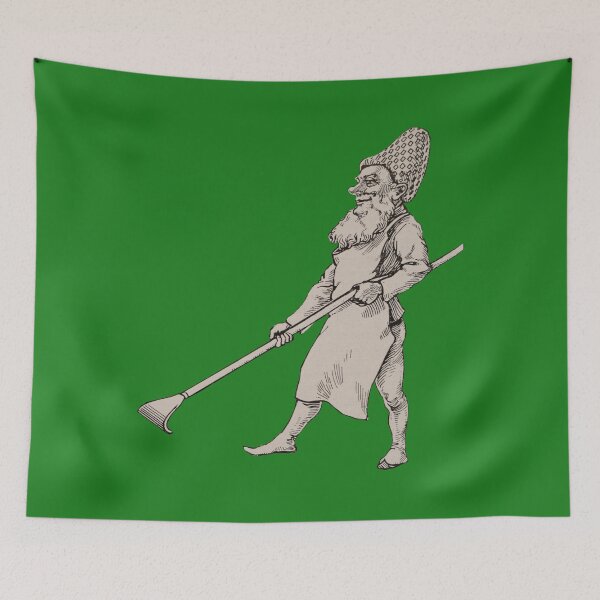 Item preview, Art by Mike Linocut Dwarf, garden gnome raking leaves designed and sold by allartbymike.