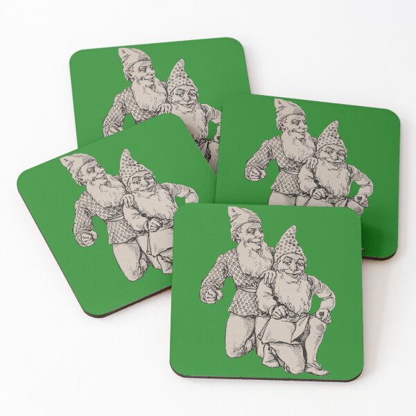 Item preview, Art by Mike Linocut two dwarfs, garden gnome kneeling designed and sold by allartbymike.
