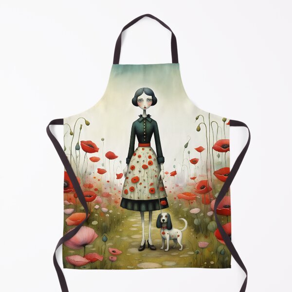 Item preview, Cartoon doll with white Spaniel dog with black long ears and poppies designed and sold by Coolparrotgirl.