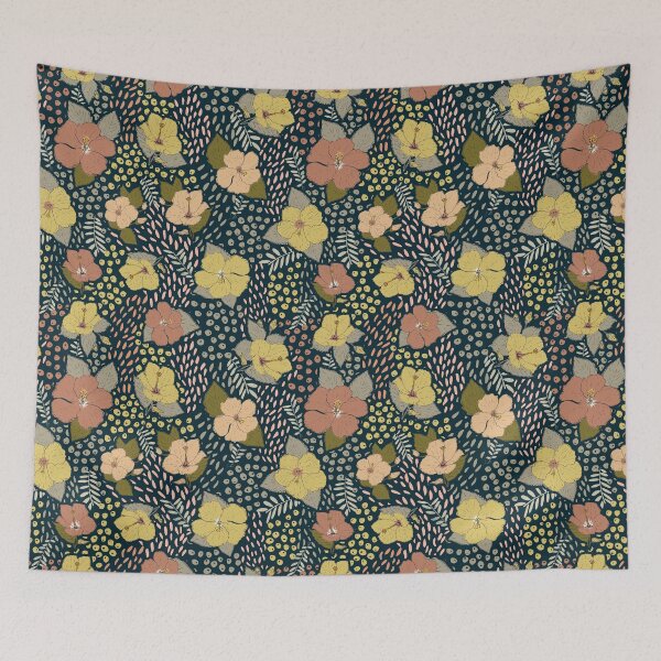Item preview, Orange Hibiscus on petroleum blue background designed and sold by cezidesign.