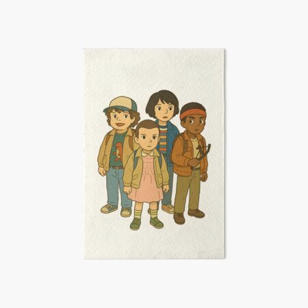 Aperçu de l'œuvre Stranger Things pour enfants dans un style illustré audacieux, Eleven se tient devant avec un regard intense, Dustin et Lucas derrière, évoquant la nostalgie de la science-fiction des années 80 créée et vendue par MystiS.