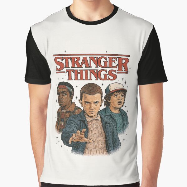 Item preview, Stranger Things kids in bold illustrated style, Eleven stands front with intense gaze, Dustin and Lucas behind, evoking 80s sci-fi nostalgia designed and sold by MystiS.