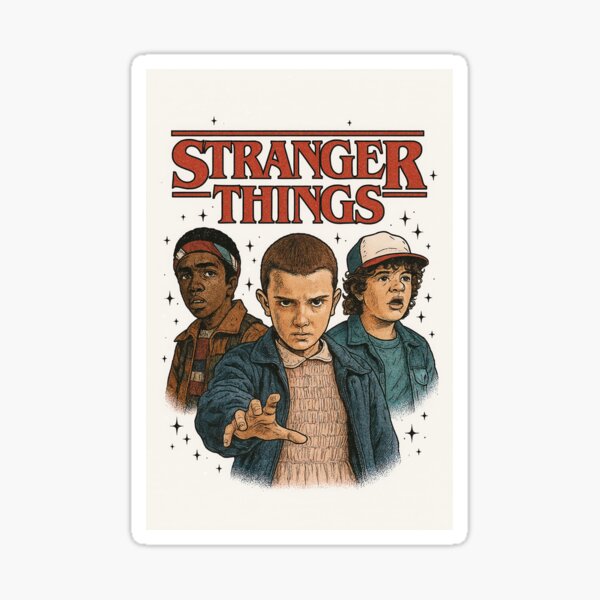 Item preview, Stranger Things kids in bold illustrated style, Eleven stands front with intense gaze, Dustin and Lucas behind, evoking 80s sci-fi nostalgia designed and sold by MystiS.