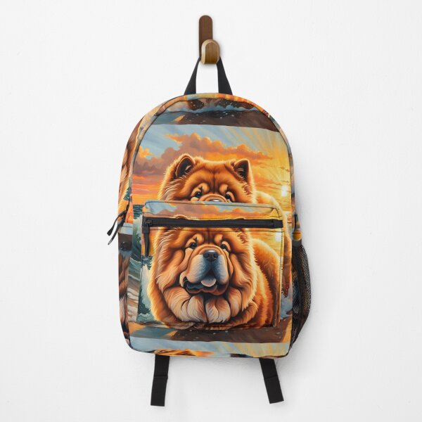 Item preview, Red mahagoni chow chow in the sea with waves, in orange sparkle sunset designed and sold by Coolparrotgirl.