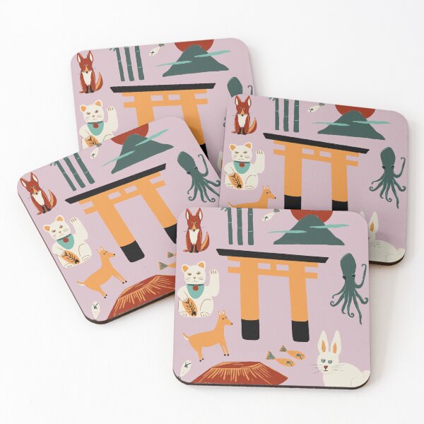 Item preview, Traveling through Japan, rabbits, torii gates, sushi, fish, deer, temples, octopus, 7-11 shops, lucky cats, bullet train in red, orange and greens on lilac designed and sold by katerosestudios.