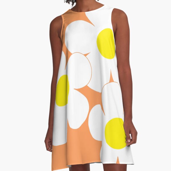60's Flower Power Pop Flowers White and Yellow Flowers on Orange A-Line Dress