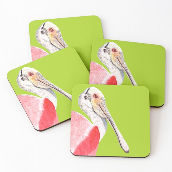 Item preview, Hand-painted watercolor painting of a Roseate Spoonbill (Platalea ajaja), a beautiful pink and white bird on a green background designed and sold by art-elodie-g.