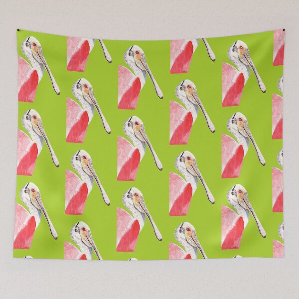 Item preview, Hand-painted watercolor painting of a Roseate Spoonbill (Platalea ajaja), a beautiful pink and white bird on a green background designed and sold by art-elodie-g.