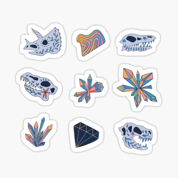 Geology. Crystals. Dinosaurs skulls. Sticker