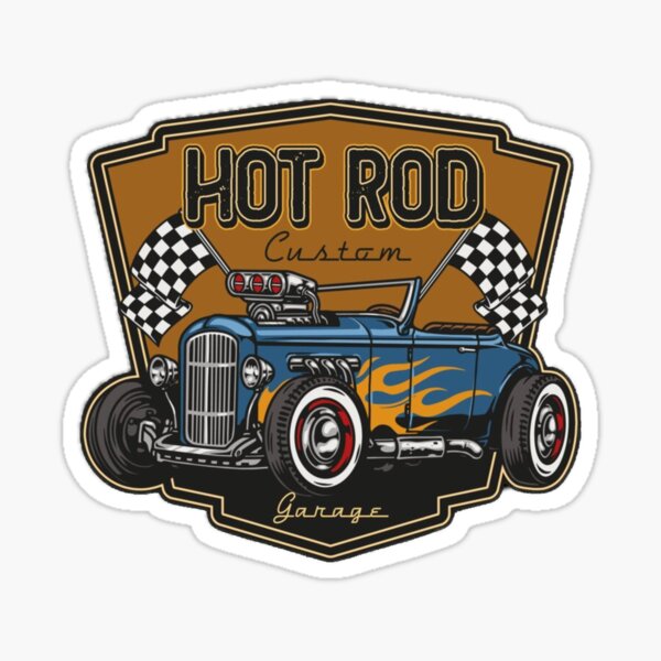 Item preview, hot rod custom garage crest with a blue roadster and flags designed and sold by hotrodspirit.