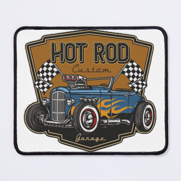 Item preview, hot rod custom garage crest with a blue roadster and flags designed and sold by hotrodspirit.
