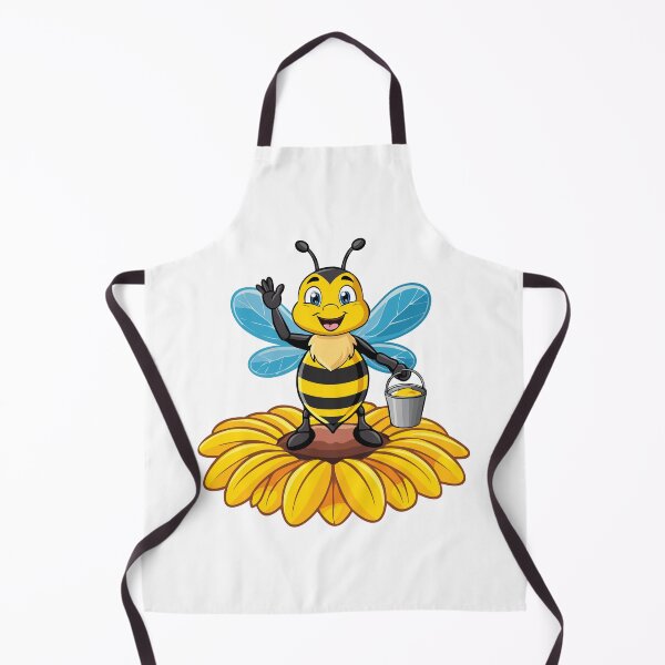 Item preview, European honey bee (Apis mellifera), cartoon cute happy bee with a bucket of honey waving its hand and standing on a yellow flower designed and sold by Danler.