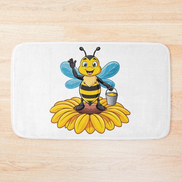 Item preview, European honey bee (Apis mellifera), cartoon cute happy bee with a bucket of honey waving its hand and standing on a yellow flower designed and sold by Danler.