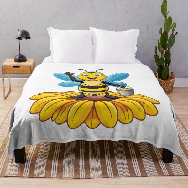 Item preview, European honey bee (Apis mellifera), cartoon cute happy bee with a bucket of honey waving its hand and standing on a yellow flower designed and sold by Danler.