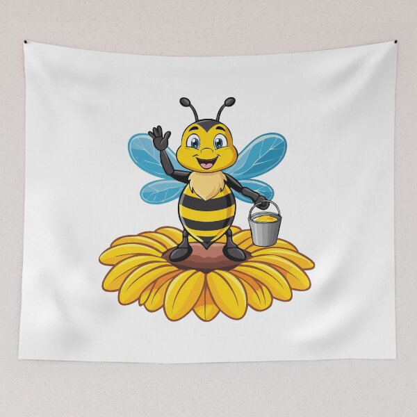 Item preview, European honey bee (Apis mellifera), cartoon cute happy bee with a bucket of honey waving its hand and standing on a yellow flower designed and sold by Danler.